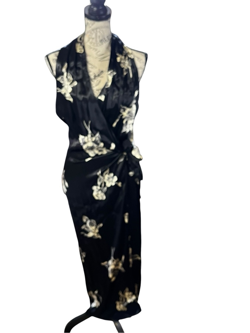 Black Floral Axara Paris Wrap Halter Dress with Ivory Accents